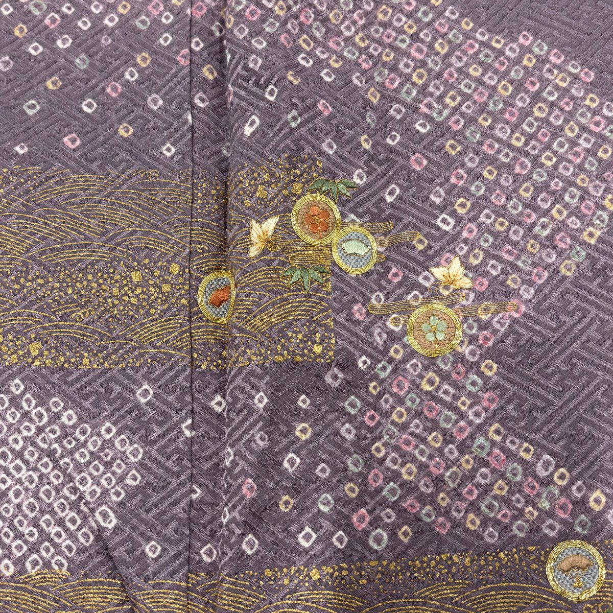 【清倉特賣】 付下 身長154cm 袖長63cm S 雙層 松樹竹子梅花 流水 絞染 刺繡 紫 純蠶絲 優品級