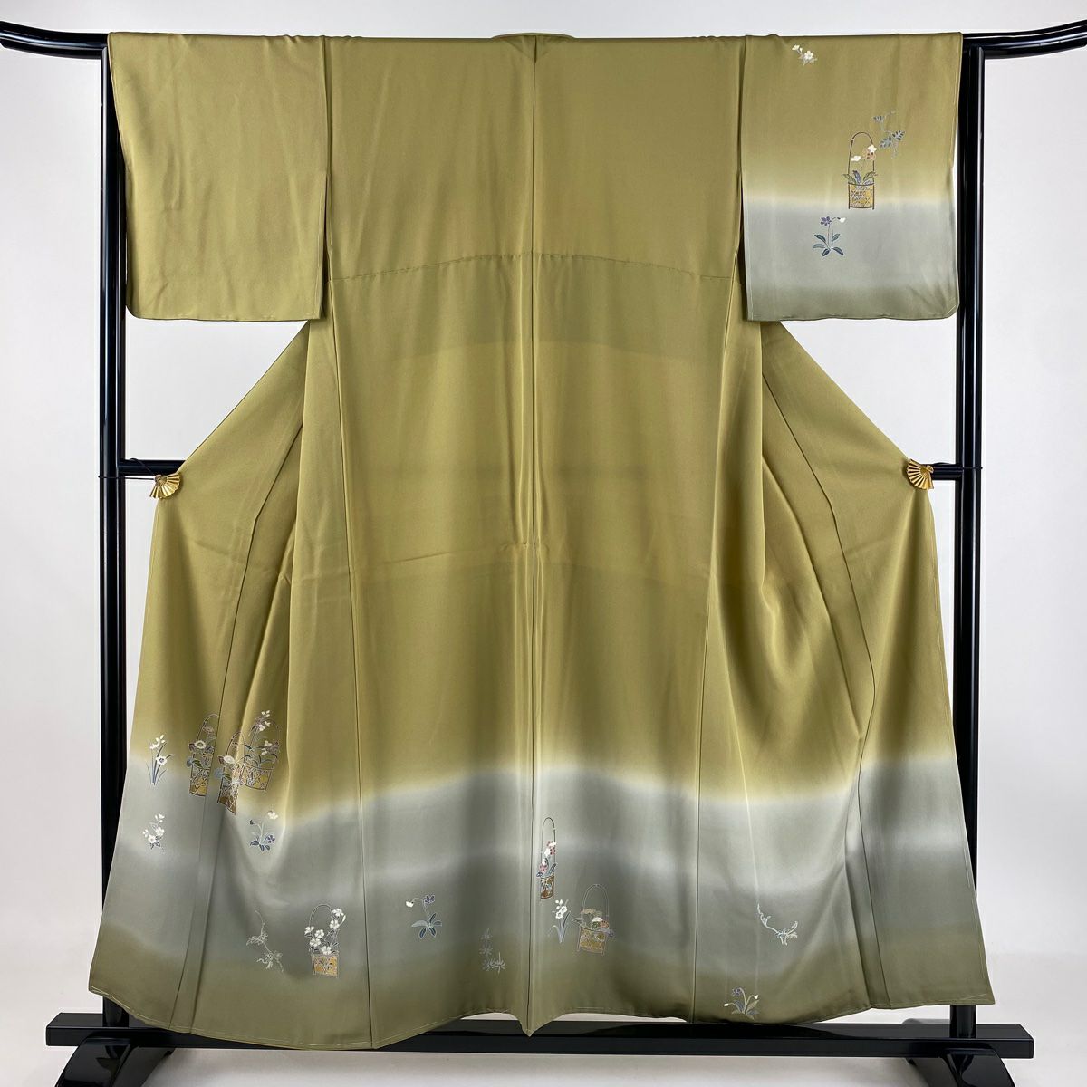 【庫存清倉】 付下 身長154.5cm 袖長64.5cm M 雙層 花籠 草花紋紋 螺鈿 漸層 黃土 純蠶絲 美品 秀品級