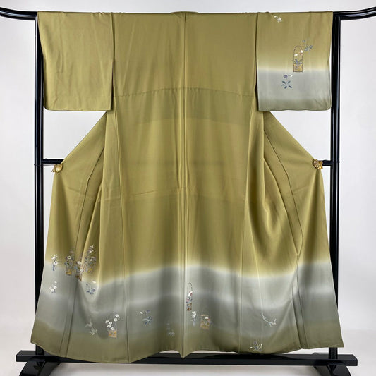 【庫存清倉】 付下 身長154.5cm 袖長64.5cm M 雙層 花籠 草花紋紋 螺鈿 漸層 黃土 純蠶絲 美品 秀品級