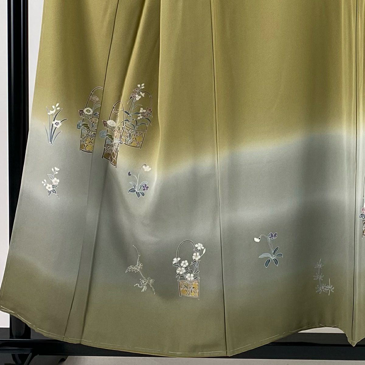 【庫存清倉】 付下 身長154.5cm 袖長64.5cm M 雙層 花籠 草花紋紋 螺鈿 漸層 黃土 純蠶絲 美品 秀品級