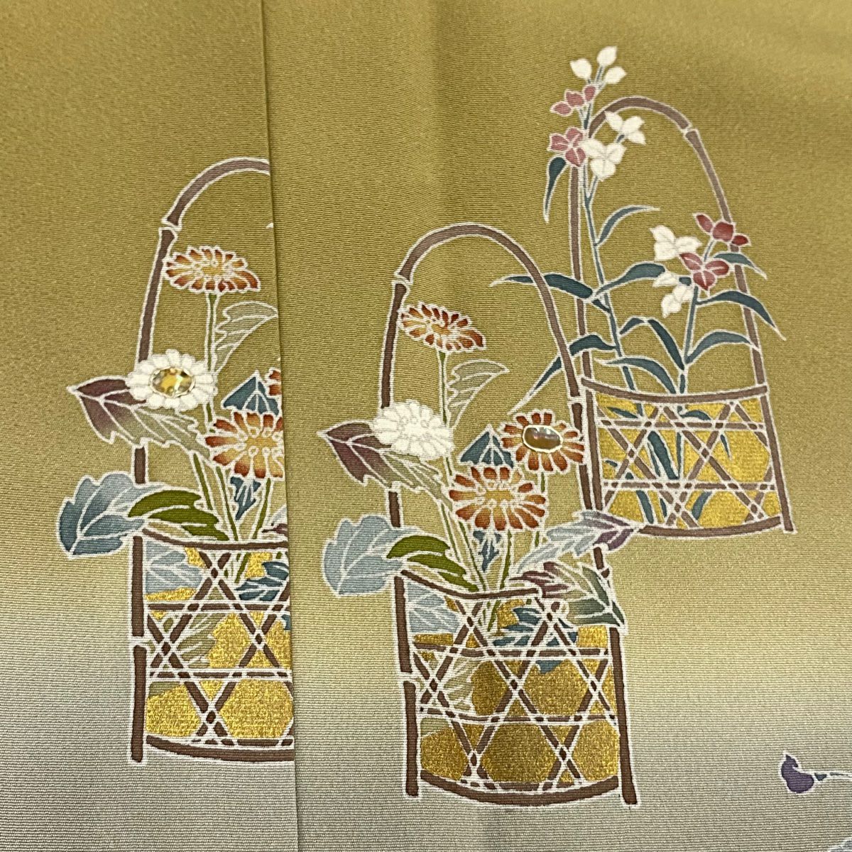 【庫存清倉】 付下 身長154.5cm 袖長64.5cm M 雙層 花籠 草花紋紋 螺鈿 漸層 黃土 純蠶絲 美品 秀品級