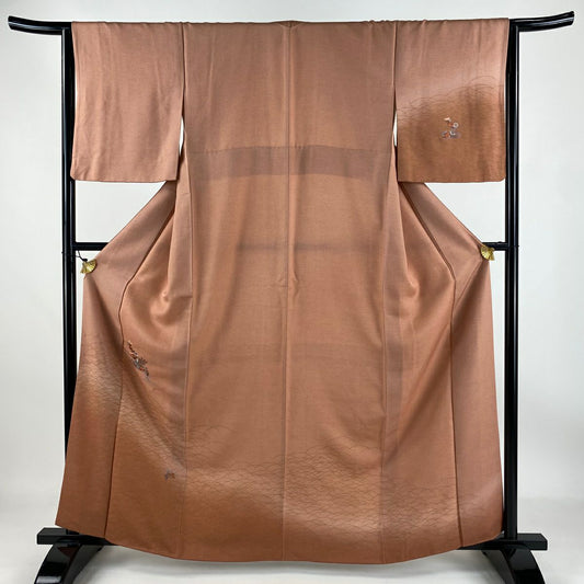 【庫存清倉】 付下 身長161.5cm 袖長63.5cm S 雙層 草花紋紋 芝 刺繡 金彩裝飾 粉米色 純蠶絲 美品 秀品級