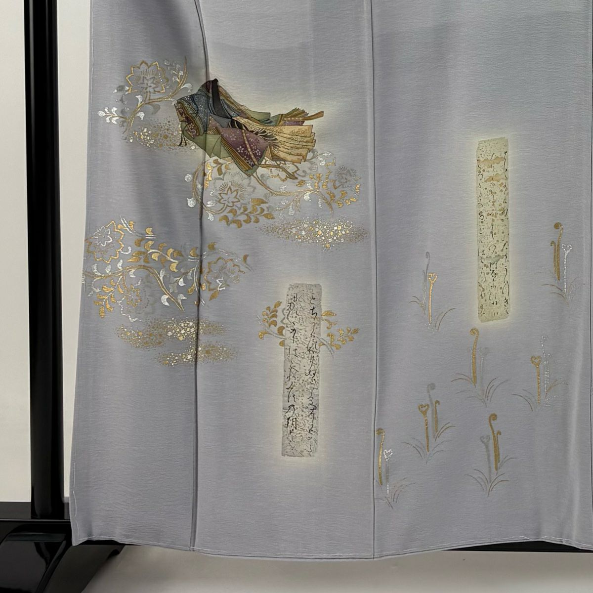 【庫存清倉】 付下 身長160cm 袖長64cm M 雙層 樽本伊勢蔵 有落款 姫 草花紋 金銀彩 漸層 灰紫 純蠶絲 名品級 一個紋