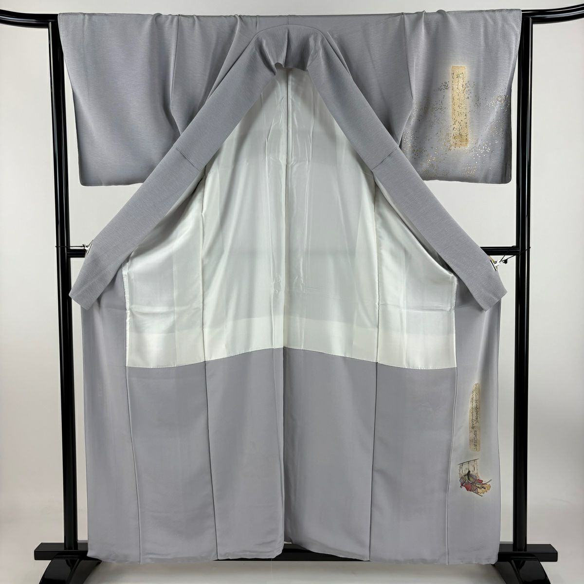 【庫存清倉】 付下 身長160cm 袖長64cm M 雙層 樽本伊勢蔵 有落款 姫 草花紋 金銀彩 漸層 灰紫 純蠶絲 名品級 一個紋