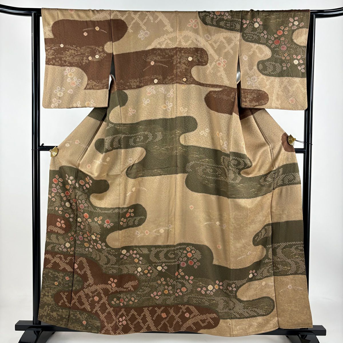 【庫存清倉】訪問服 身長158cm 袖長64cm M 雙層 草花紋紋 霞 絞染 金彩裝飾 茶綠 純蠶絲 名品級