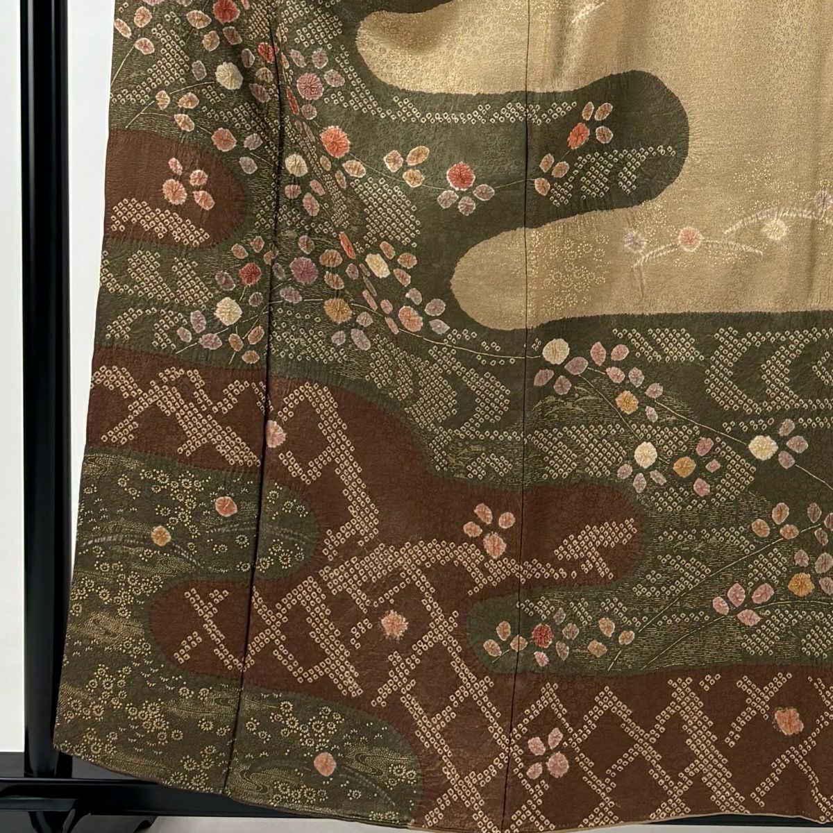 【庫存清倉】訪問服 身長158cm 袖長64cm M 雙層 草花紋紋 霞 絞染 金彩裝飾 茶綠 純蠶絲 名品級