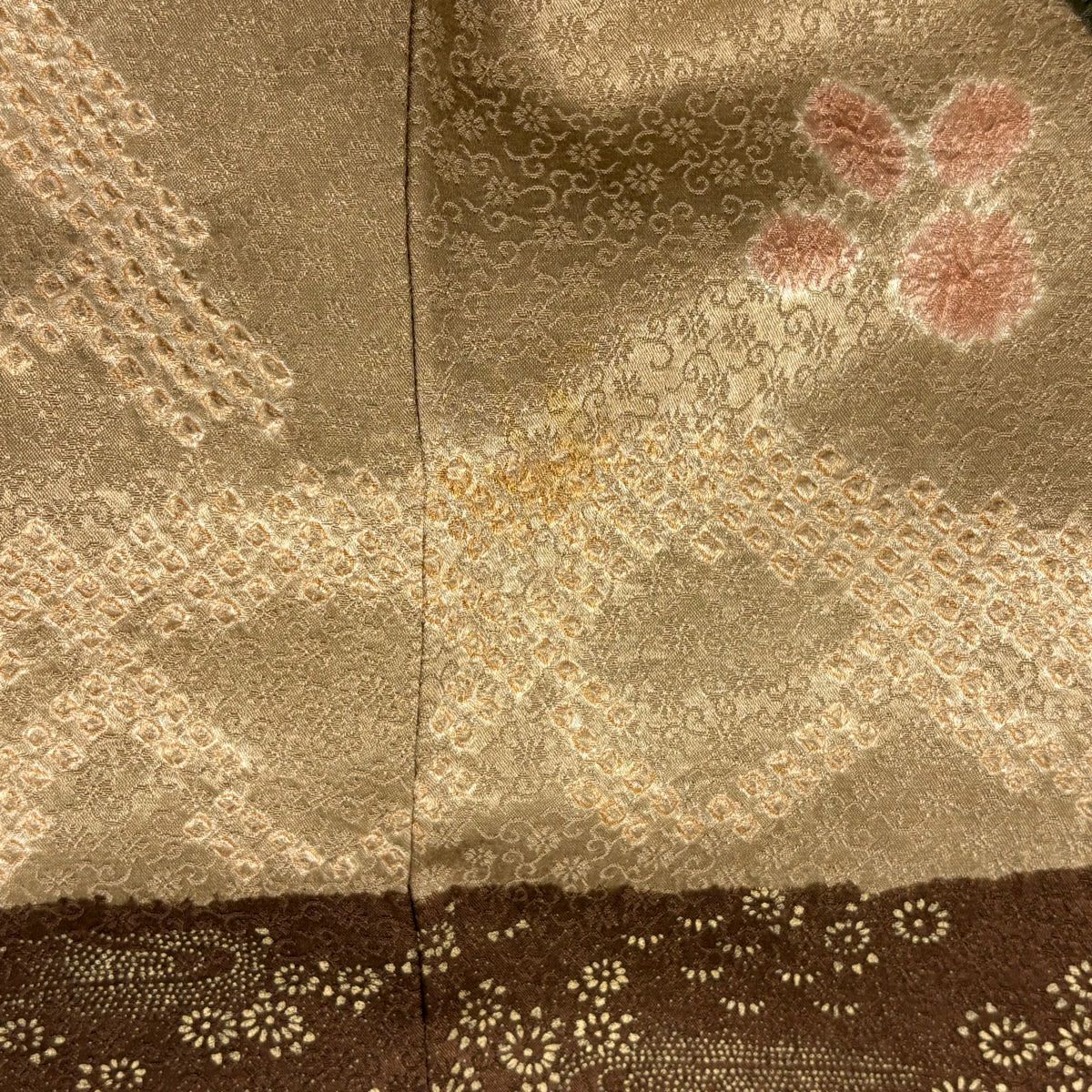 【庫存清倉】訪問服 身長158cm 袖長64cm M 雙層 草花紋紋 霞 絞染 金彩裝飾 茶綠 純蠶絲 名品級