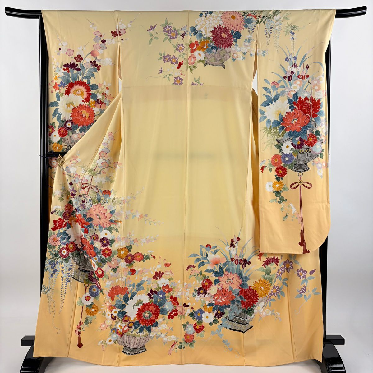 【庫存清倉】振袖禮服 身長167.5cm 袖長65.5cm M 雙層 花籠 草花紋紋 漸層 黃色 純蠶絲 名品級