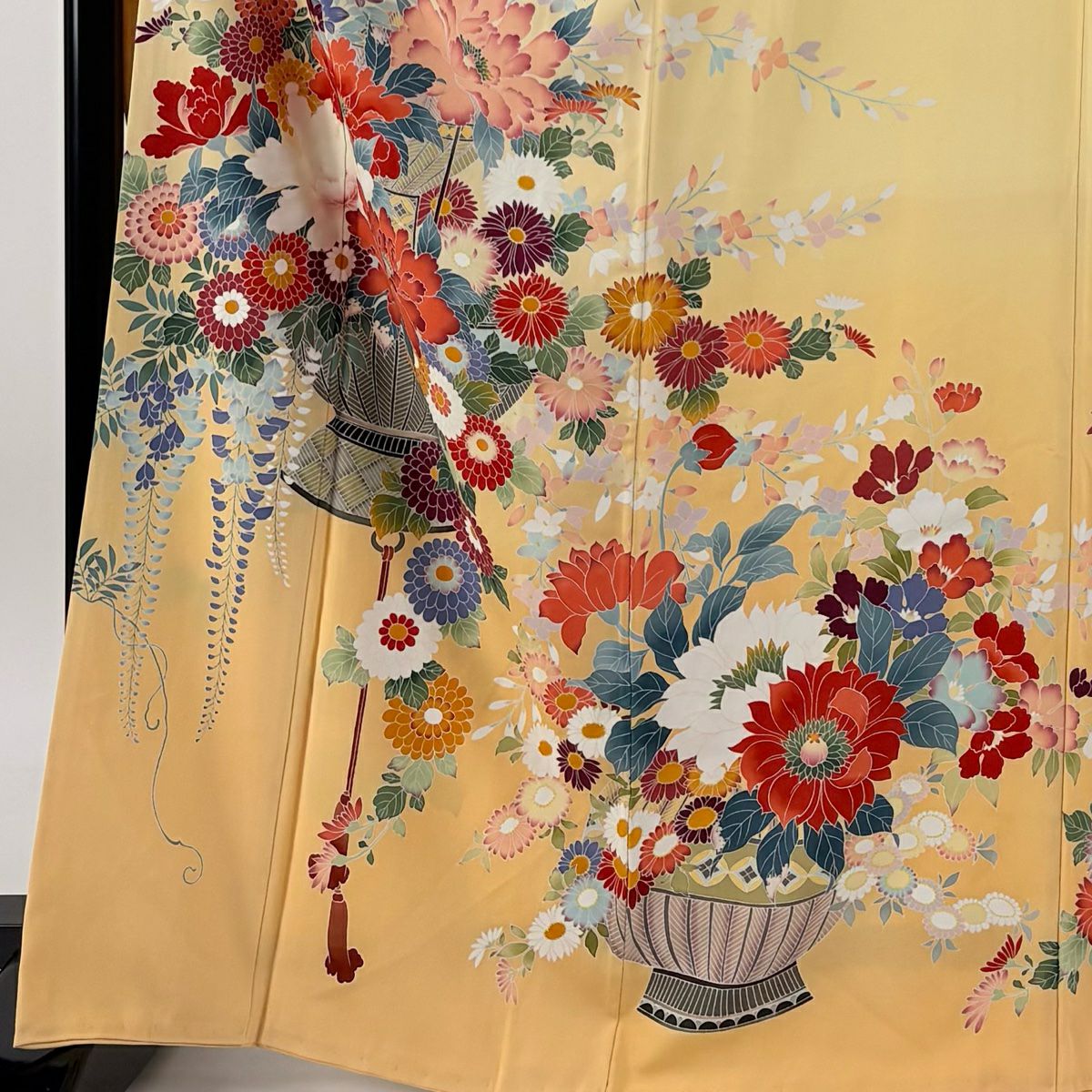 【庫存清倉】振袖禮服 身長167.5cm 袖長65.5cm M 雙層 花籠 草花紋紋 漸層 黃色 純蠶絲 名品級