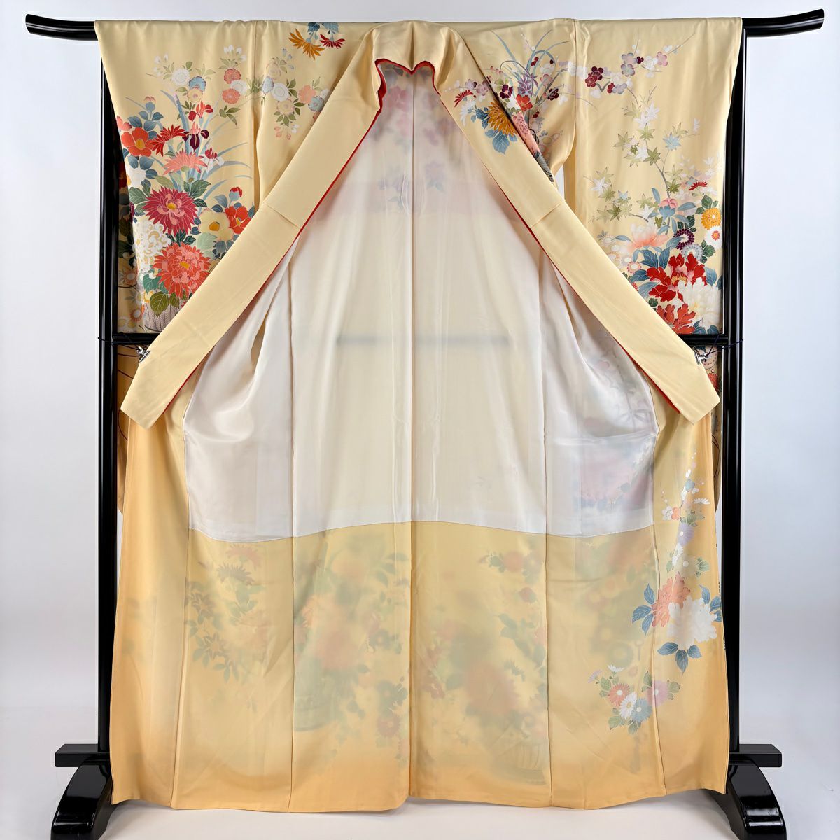 【庫存清倉】振袖禮服 身長167.5cm 袖長65.5cm M 雙層 花籠 草花紋紋 漸層 黃色 純蠶絲 名品級