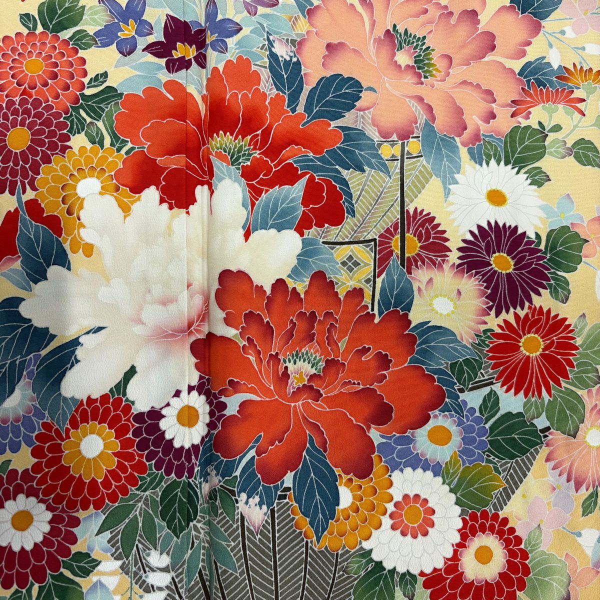 【庫存清倉】振袖禮服 身長167.5cm 袖長65.5cm M 雙層 花籠 草花紋紋 漸層 黃色 純蠶絲 名品級