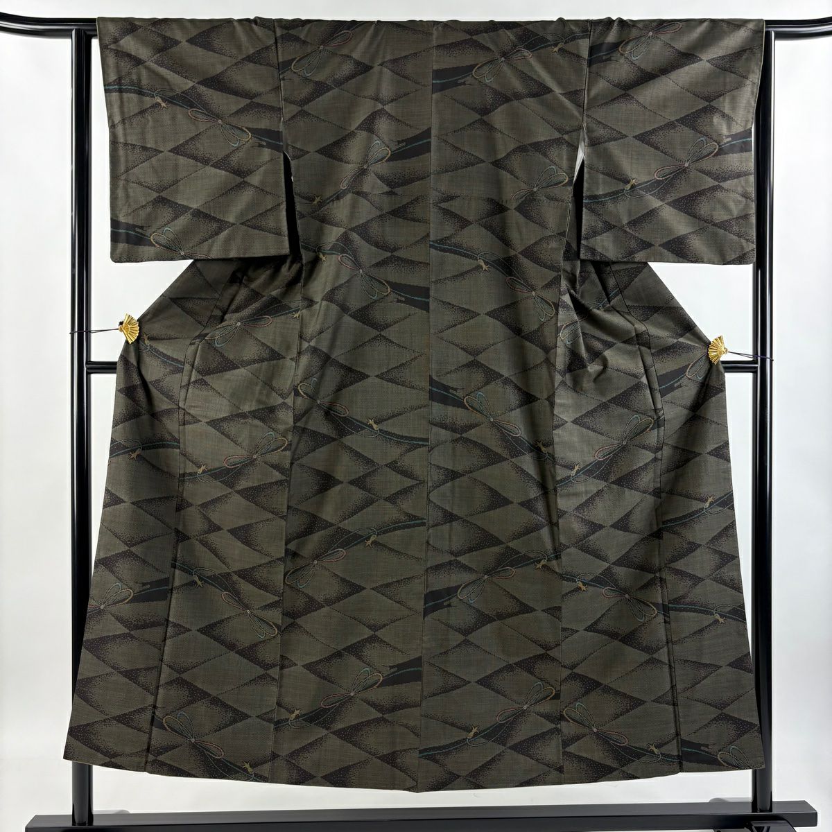 【庫存清倉】 大島紬織 身長151.5cm 袖長63cm S 雙層 純泥染 證書齊全 組紐 菱形 茶綠 純蠶絲 美品 名品級