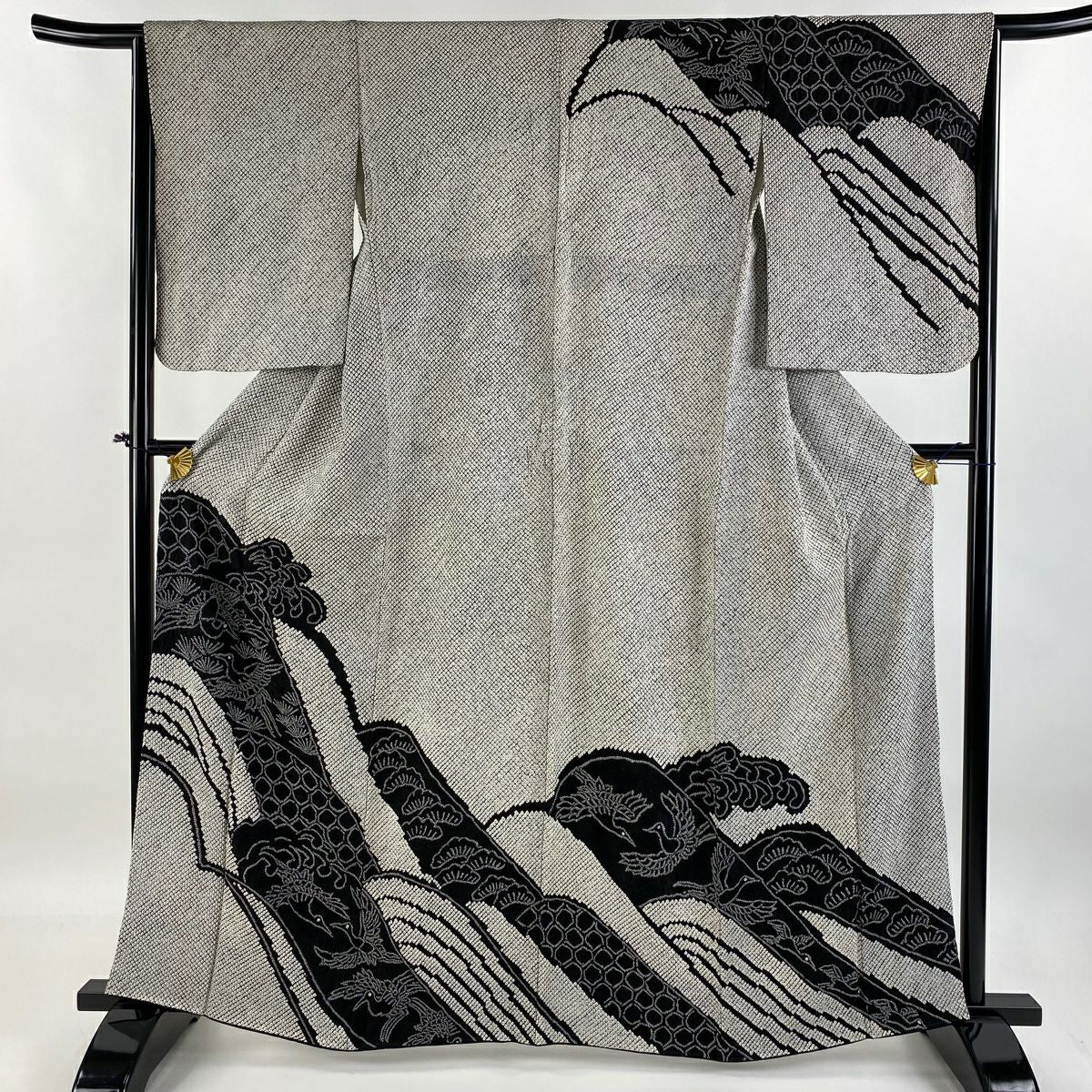 【庫存清倉】訪問服 身長161.5cm 袖長64.5cm M 雙層 鳥波頭 絞染 黑灰 純蠶絲 名品級