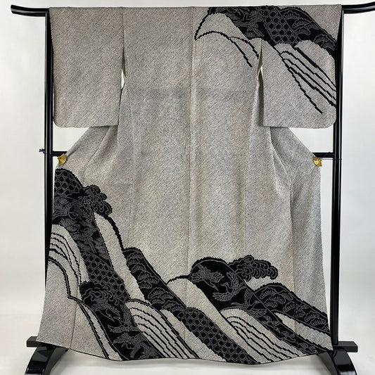 【庫存清倉】訪問服 身長161.5cm 袖長64.5cm M 雙層 鳥波頭 絞染 黑灰 純蠶絲 名品級