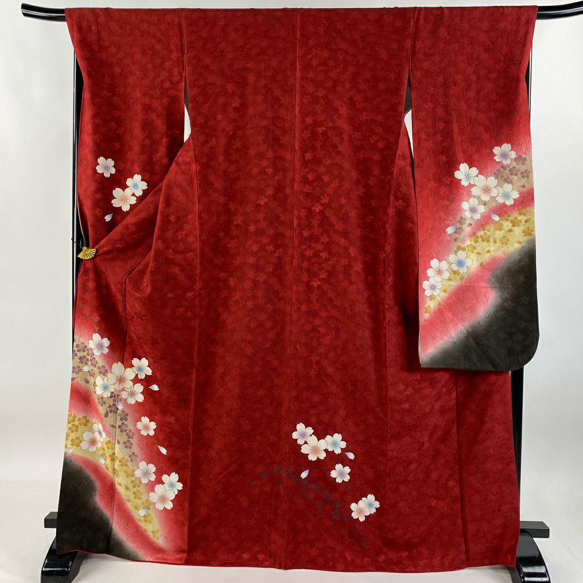 【庫存清倉】振袖禮服 身長166.5cm 袖長67.5cm L 雙層 櫻花花瓣 金絲 金銀彩 紅 純蠶絲 名品級