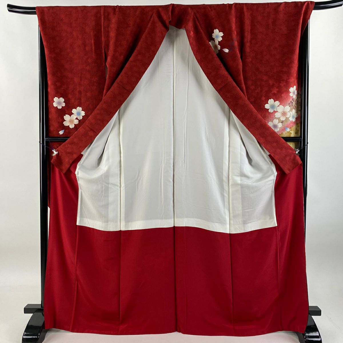 【庫存清倉】振袖禮服 身長166.5cm 袖長67.5cm L 雙層 櫻花花瓣 金絲 金銀彩 紅 純蠶絲 名品級