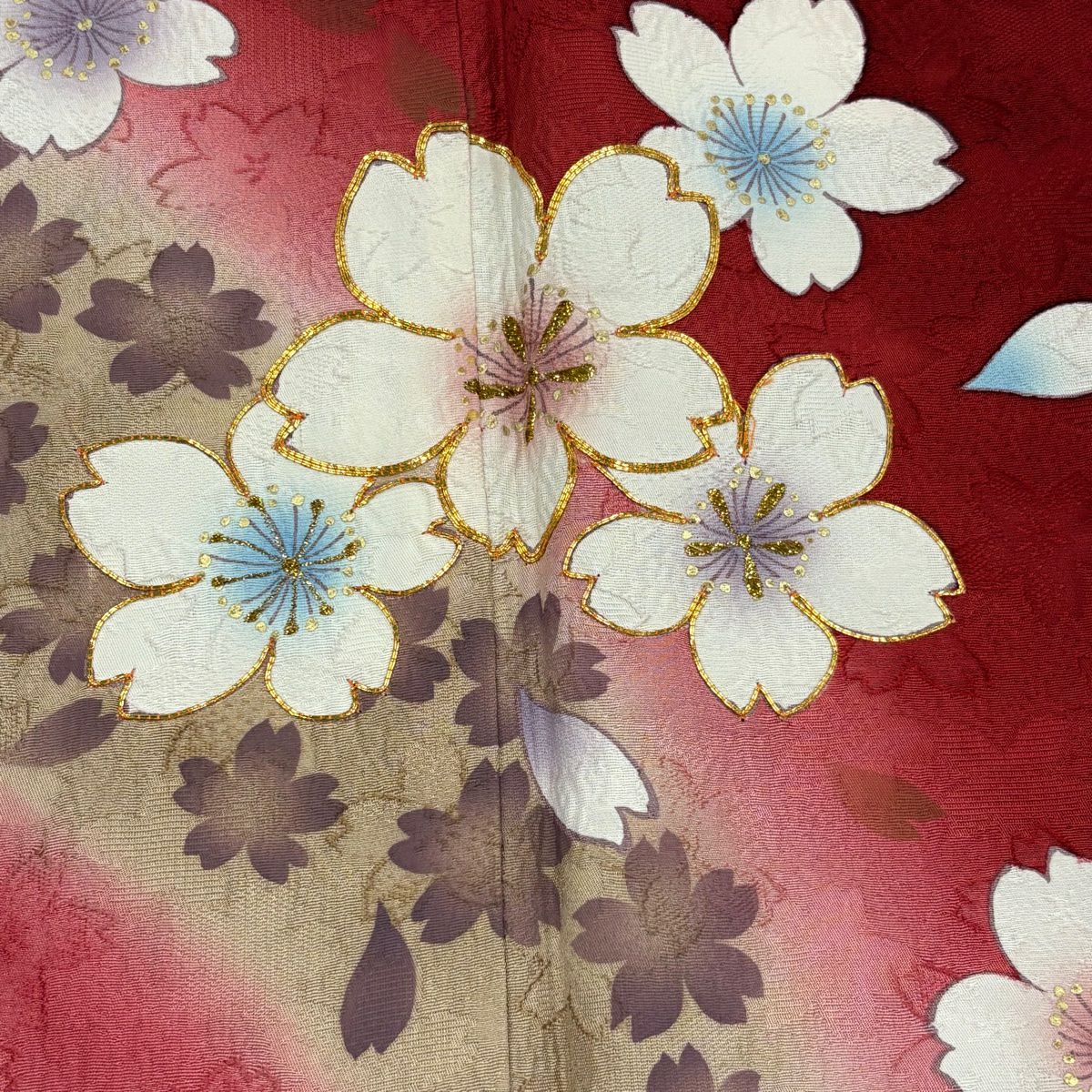 【庫存清倉】振袖禮服 身長166.5cm 袖長67.5cm L 雙層 櫻花花瓣 金絲 金銀彩 紅 純蠶絲 名品級