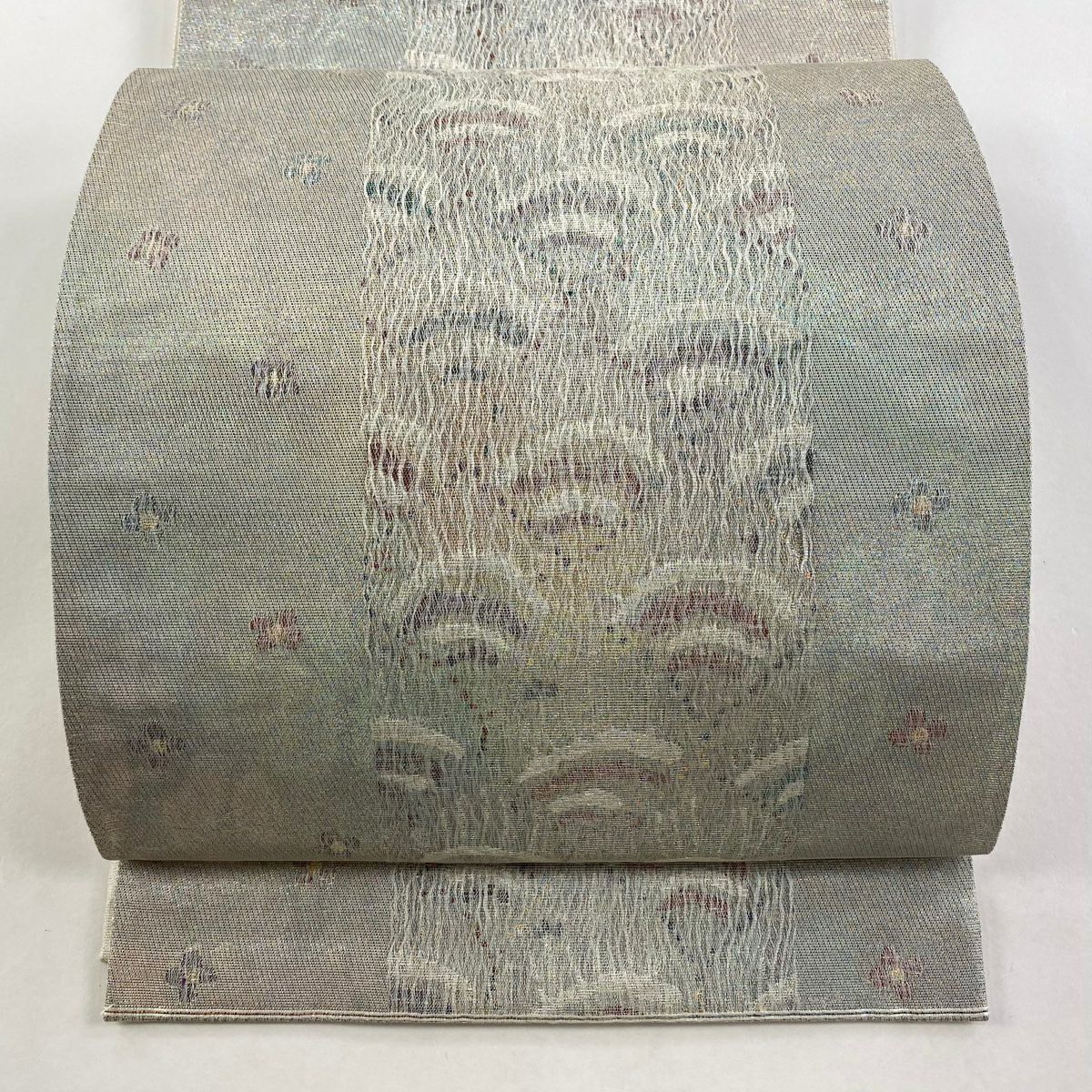 【庫存清倉】 袋帶 美品 秀品級 關西仕立 花 幾何圖案 銀線 拉麵金金箔 銀色 六通 純蠶絲