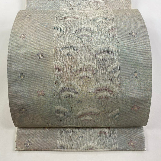 【庫存清倉】 袋帶 美品 秀品級 關西仕立 花 幾何圖案 銀線 拉麵金金箔 銀色 六通 純蠶絲
