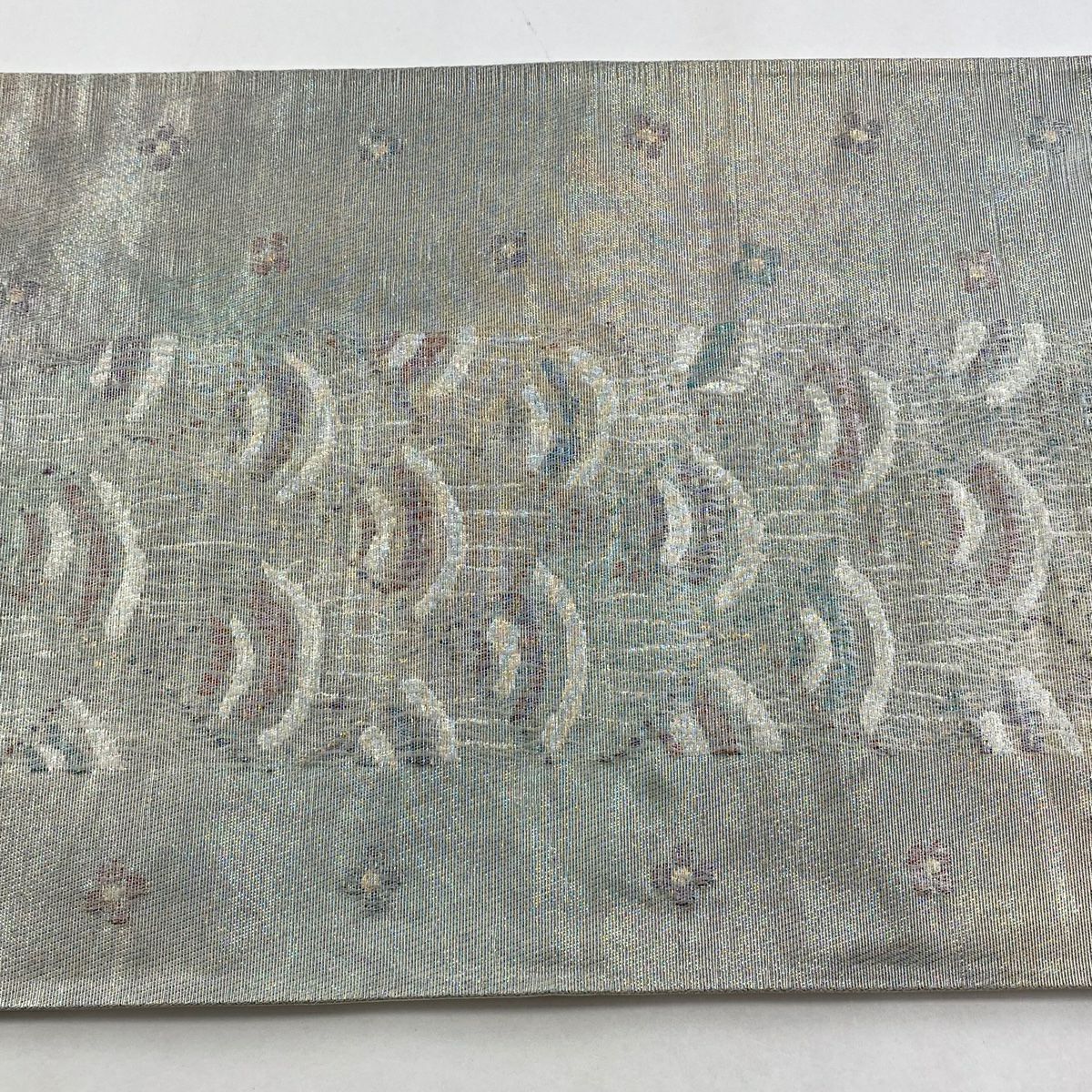 【庫存清倉】 袋帶 美品 秀品級 關西仕立 花 幾何圖案 銀線 拉麵金金箔 銀色 六通 純蠶絲