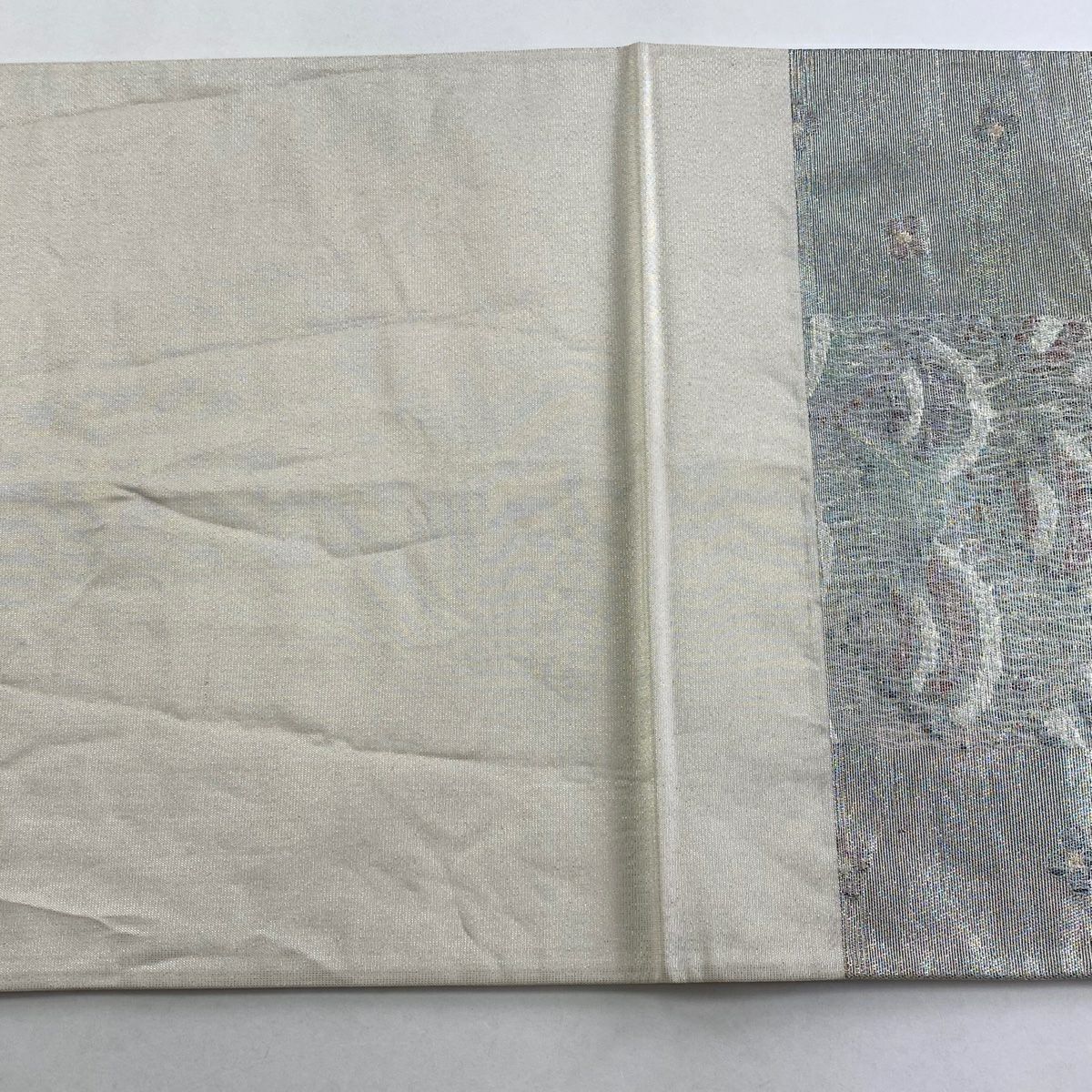 【庫存清倉】 袋帶 美品 秀品級 關西仕立 花 幾何圖案 銀線 拉麵金金箔 銀色 六通 純蠶絲