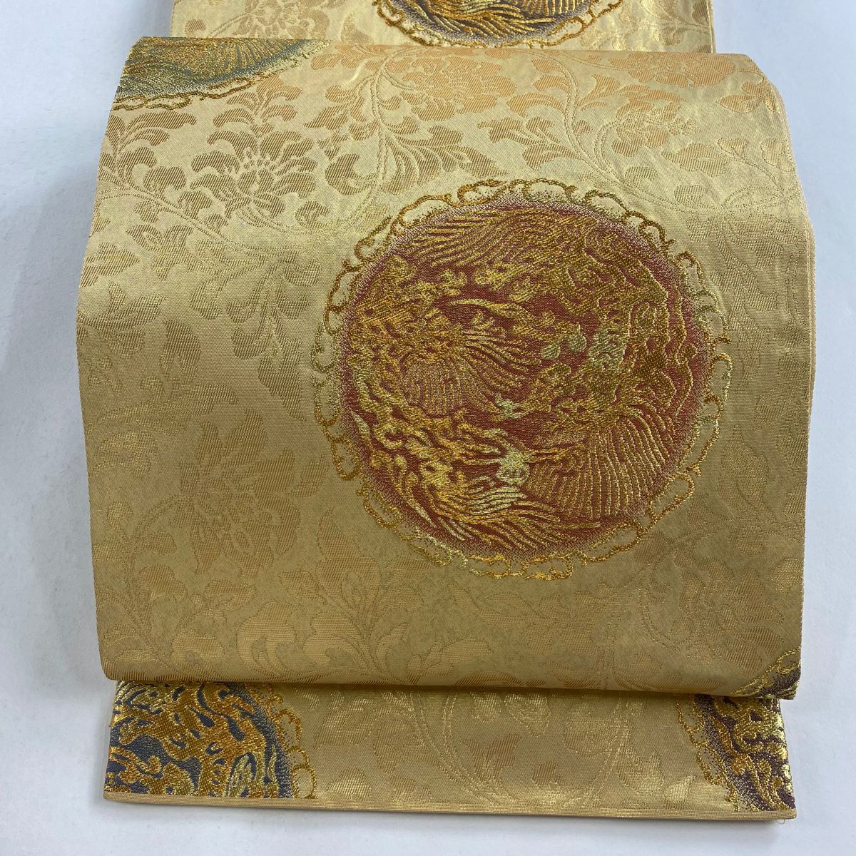 【庫存清倉】 袋帶 美品 優品級 關西仕立 雲龍 花唐草紋 金金箔 金絲 金色 大鼓圖案 純蠶絲