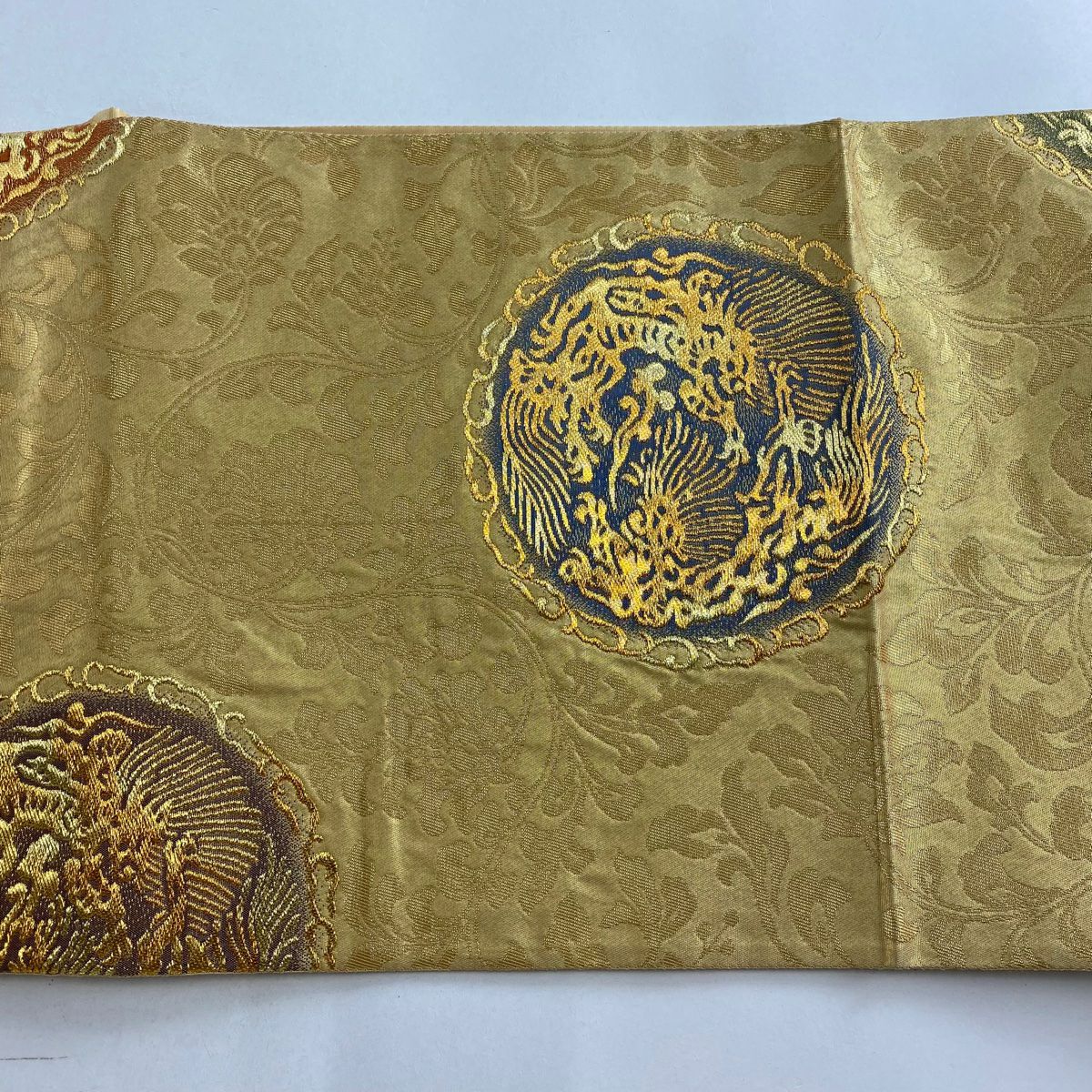 【庫存清倉】 袋帶 美品 優品級 關西仕立 雲龍 花唐草紋 金金箔 金絲 金色 大鼓圖案 純蠶絲