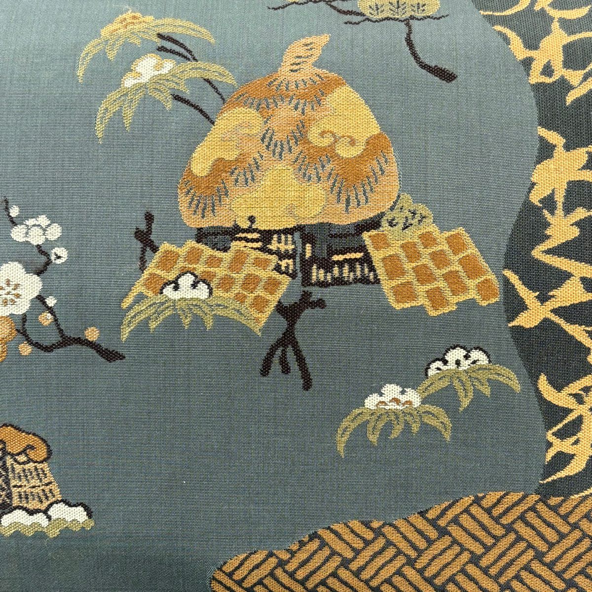 【庫存清倉】 袋帶 優品級 紬織織 松樹竹子梅花 家屋 灰綠 大鼓圖案 純蠶絲