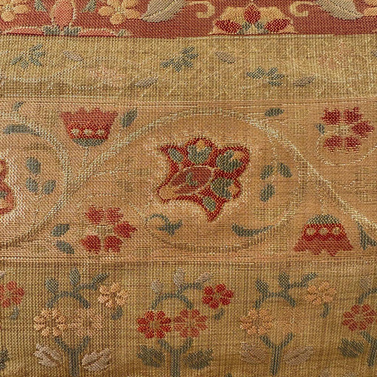 【庫存清倉】 袋帶 美品 秀品級 紬織織 橫段 花唐草紋 金金箔 山吹茶 深藍 六通 純蠶絲