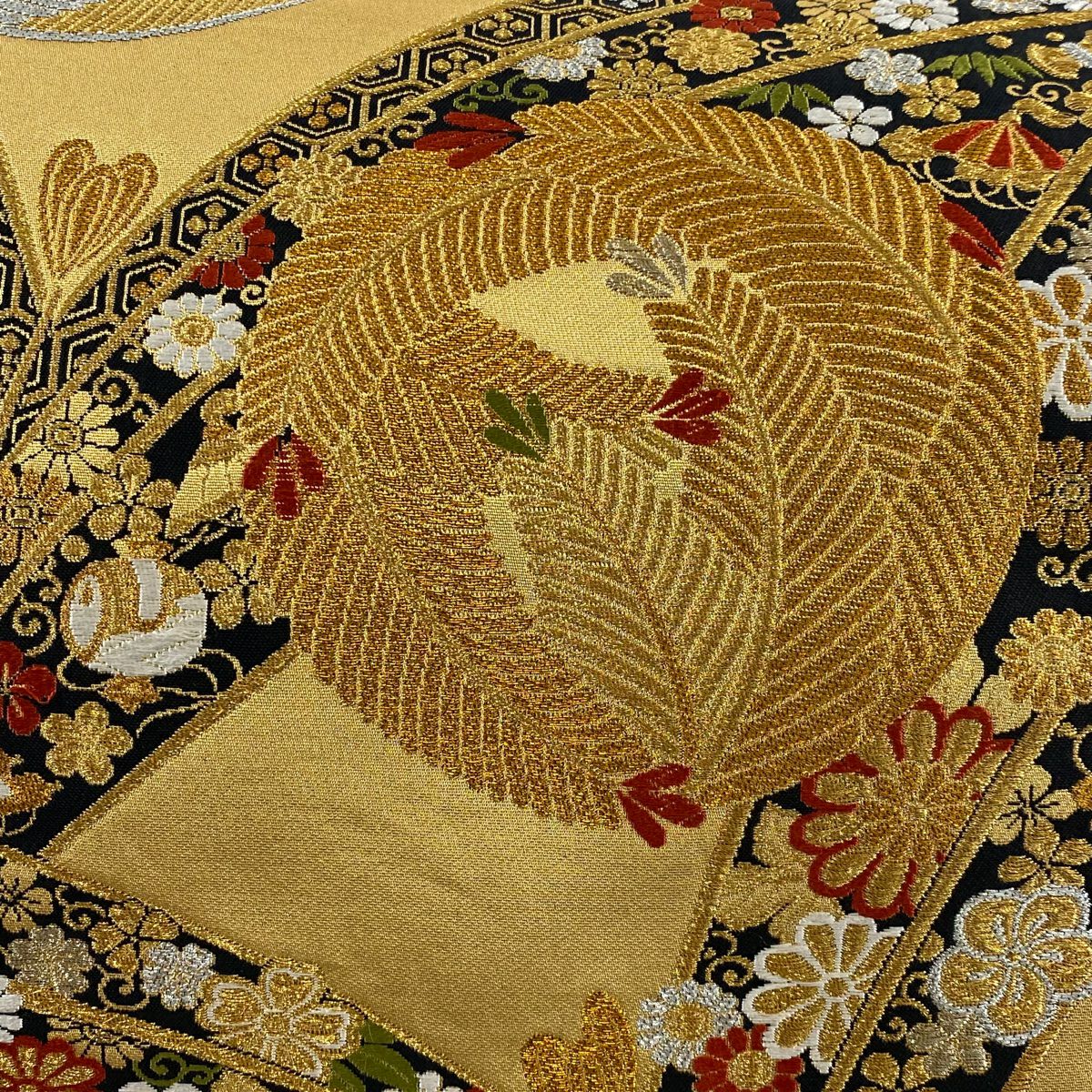 【庫存清倉】 袋帶 美品 秀品級 若松樹圓文 寶物滿載 金銀絲 金金箔 金色 六通 純蠶絲