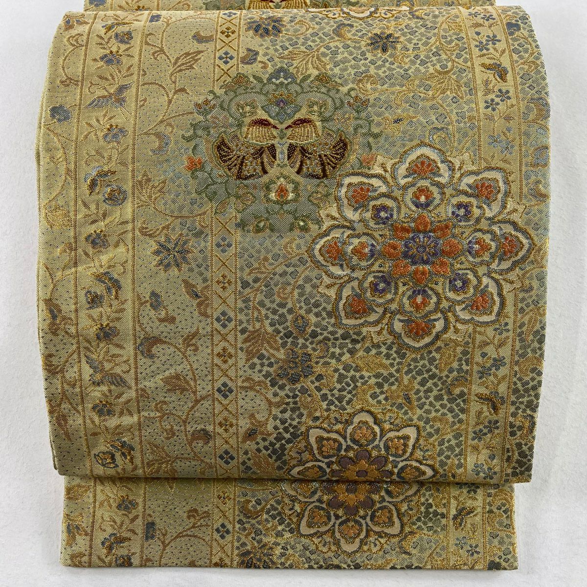 【庫存清倉】 袋帶 美品 名品級 華紋 向鳥 金絲 金金箔 金色 六通 純蠶絲