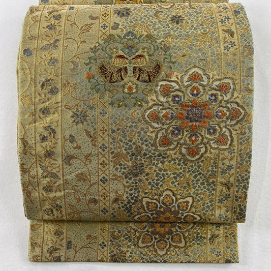 【庫存清倉】 袋帶 美品 名品級 華紋 向鳥 金絲 金金箔 金色 六通 純蠶絲
