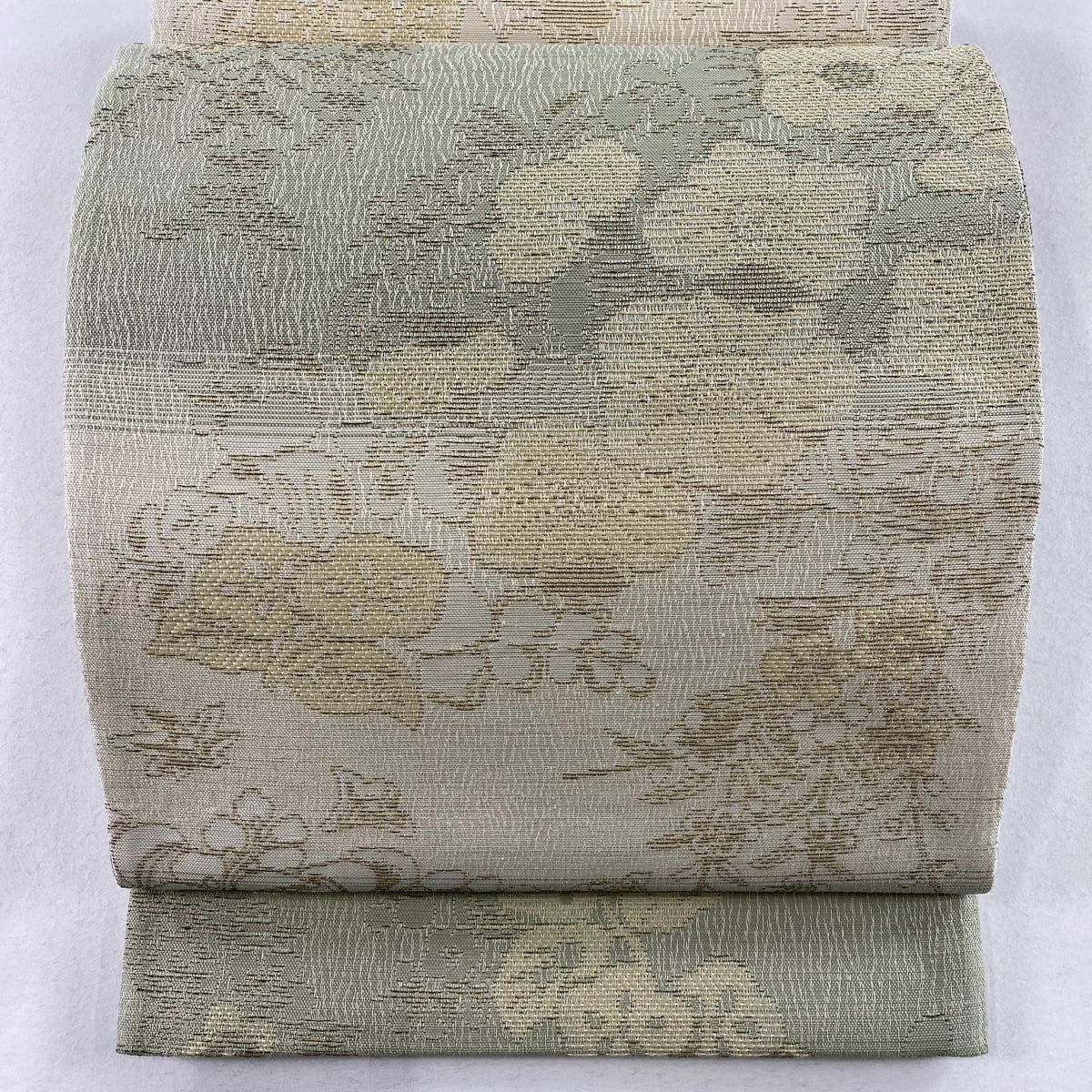 【庫存清倉】 袋帶 名品級 草花紋紋 段紋 金絲 灰綠 六通 純蠶絲