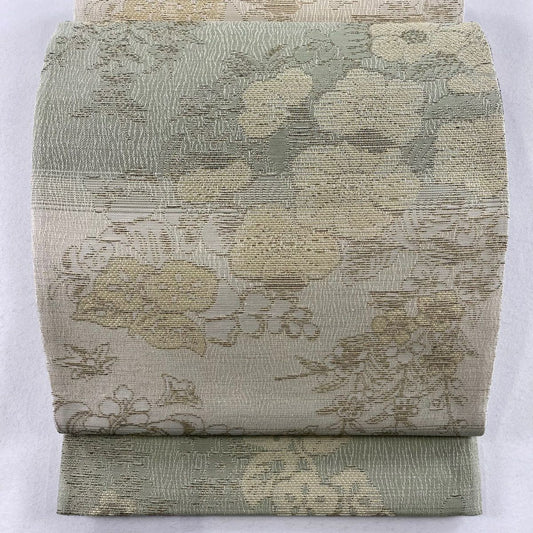【庫存清倉】 袋帶 名品級 草花紋紋 段紋 金絲 灰綠 六通 純蠶絲