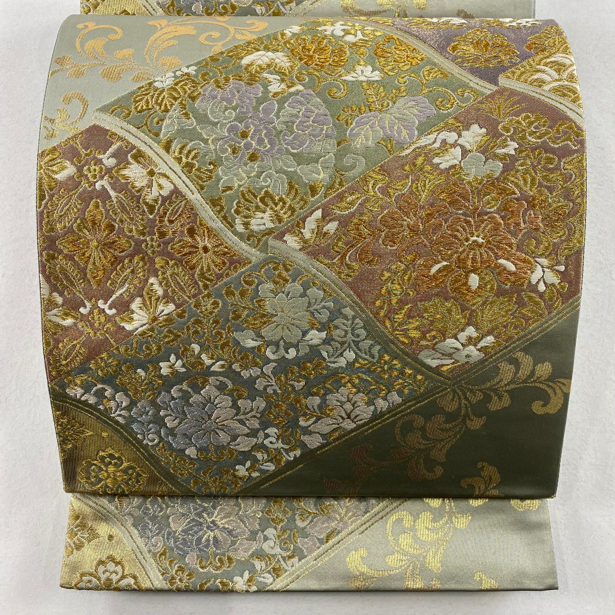 【庫存清倉】 袋帶 美品 名品級 草花紋 唐草紋 金絲 金金箔 灰綠 六通 純蠶絲