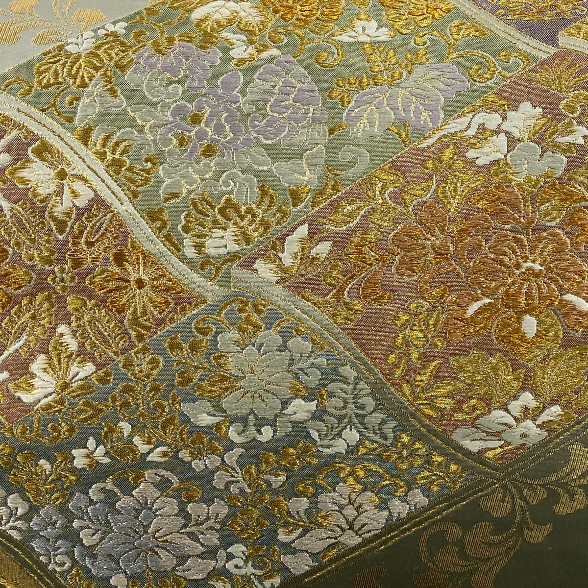 【庫存清倉】 袋帶 美品 名品級 草花紋 唐草紋 金絲 金金箔 灰綠 六通 純蠶絲