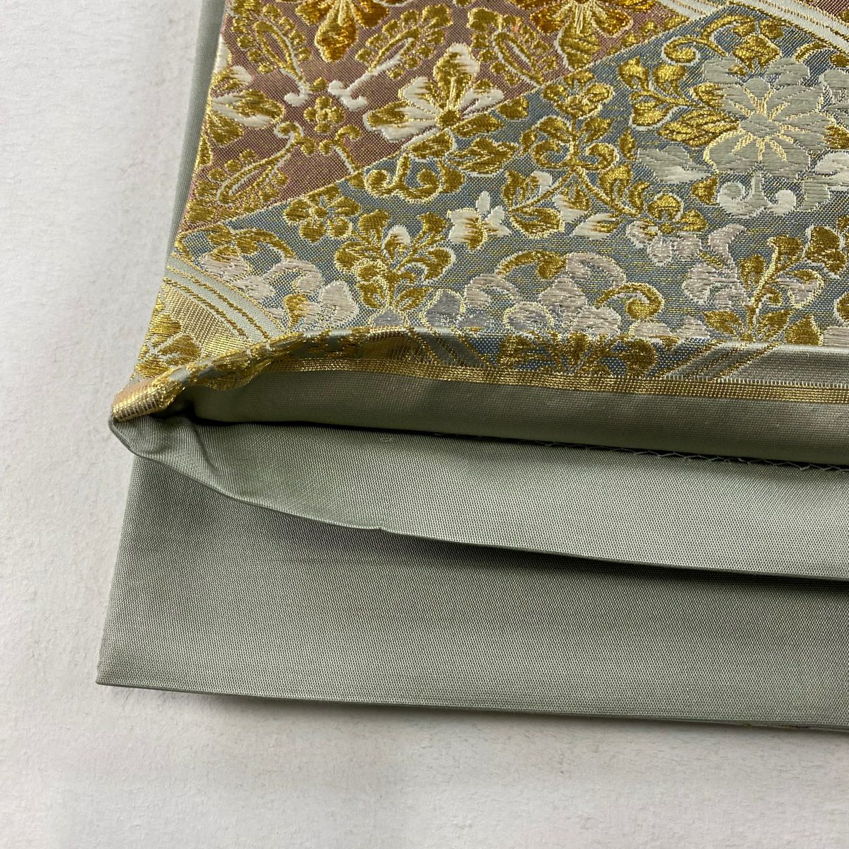 【庫存清倉】 袋帶 美品 名品級 草花紋 唐草紋 金絲 金金箔 灰綠 六通 純蠶絲