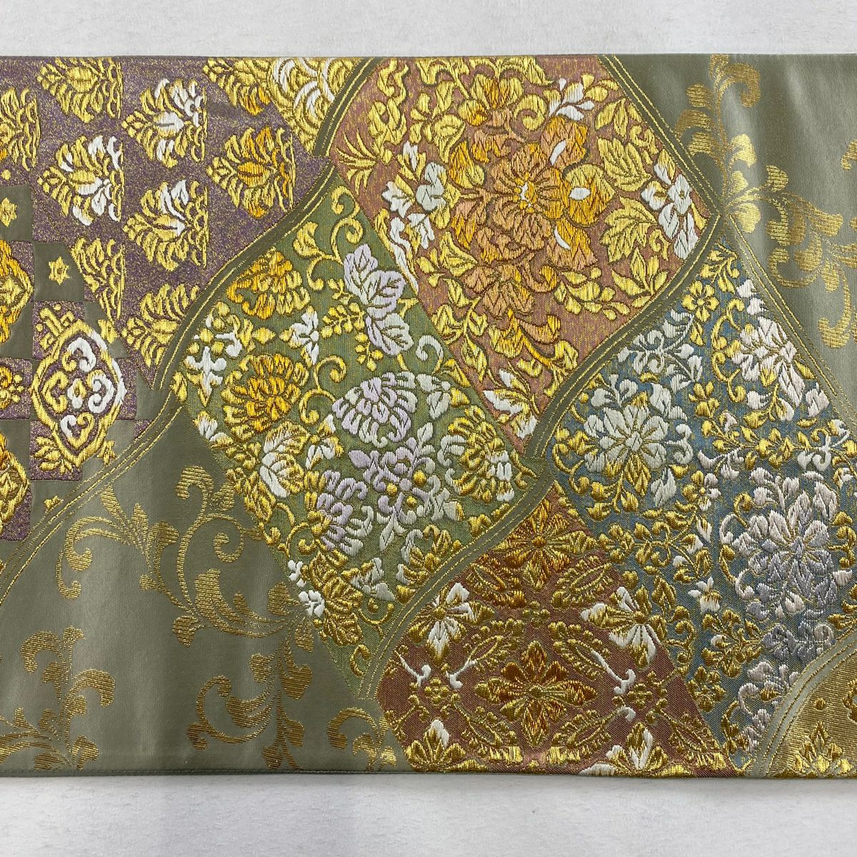 【庫存清倉】 袋帶 美品 名品級 草花紋 唐草紋 金絲 金金箔 灰綠 六通 純蠶絲