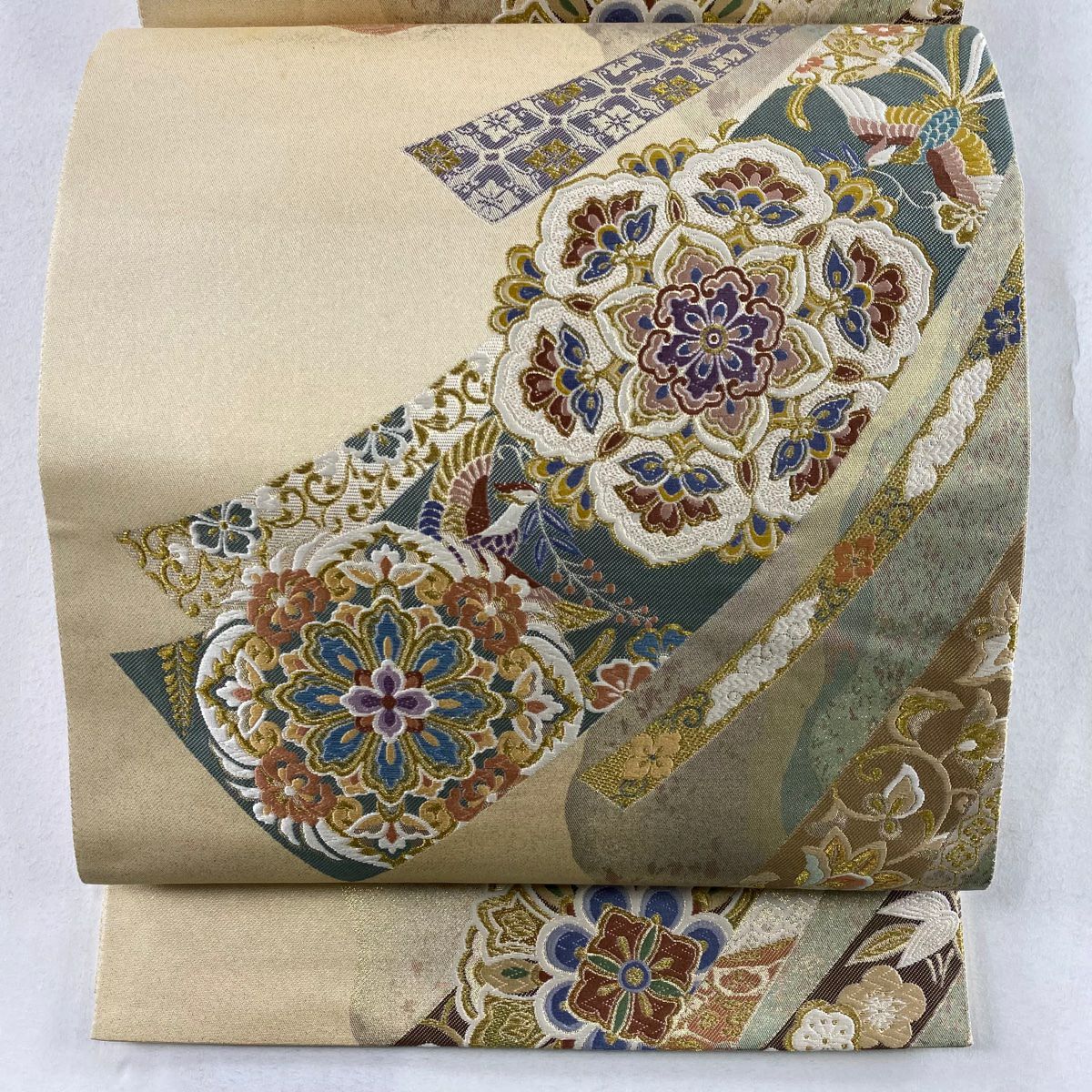【庫存清倉】 袋帶 名品級 熨斗紋取華紋 金絲 金金箔 米色 六通 純蠶絲