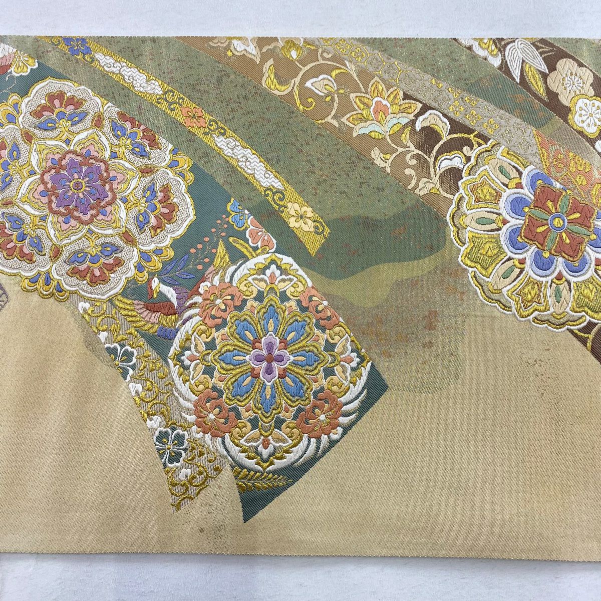 【庫存清倉】 袋帶 名品級 熨斗紋取華紋 金絲 金金箔 米色 六通 純蠶絲
