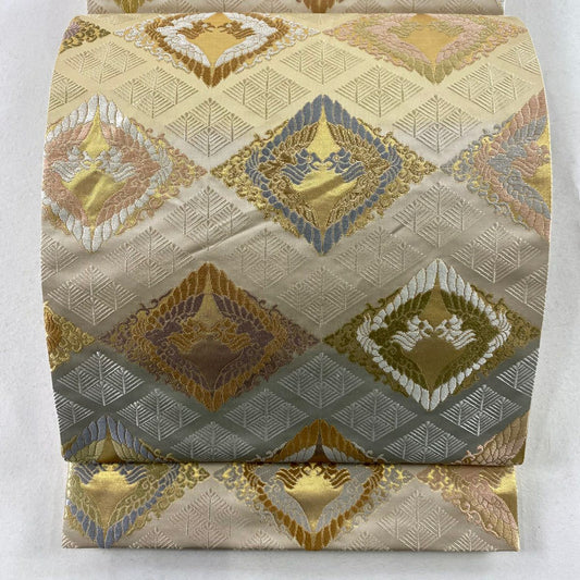 【庫存清倉】 袋帶 名品級 松樹菱鳳凰華紋 金絲 金金箔 米色 六通 純蠶絲