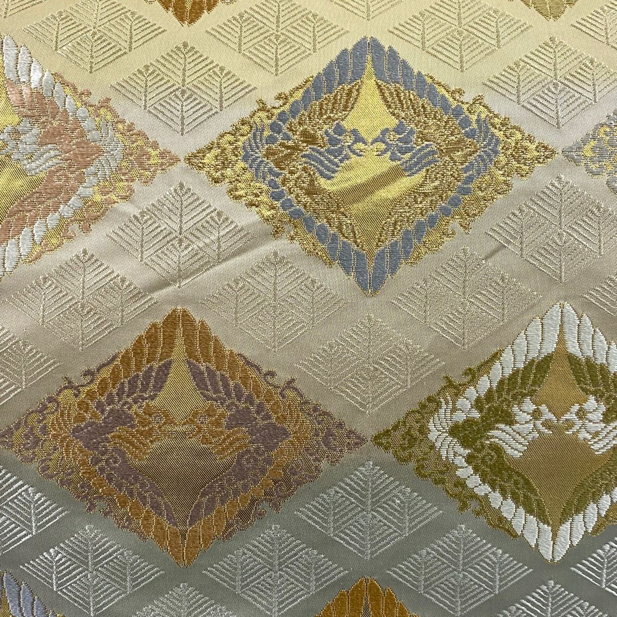 【庫存清倉】 袋帶 名品級 松樹菱鳳凰華紋 金絲 金金箔 米色 六通 純蠶絲