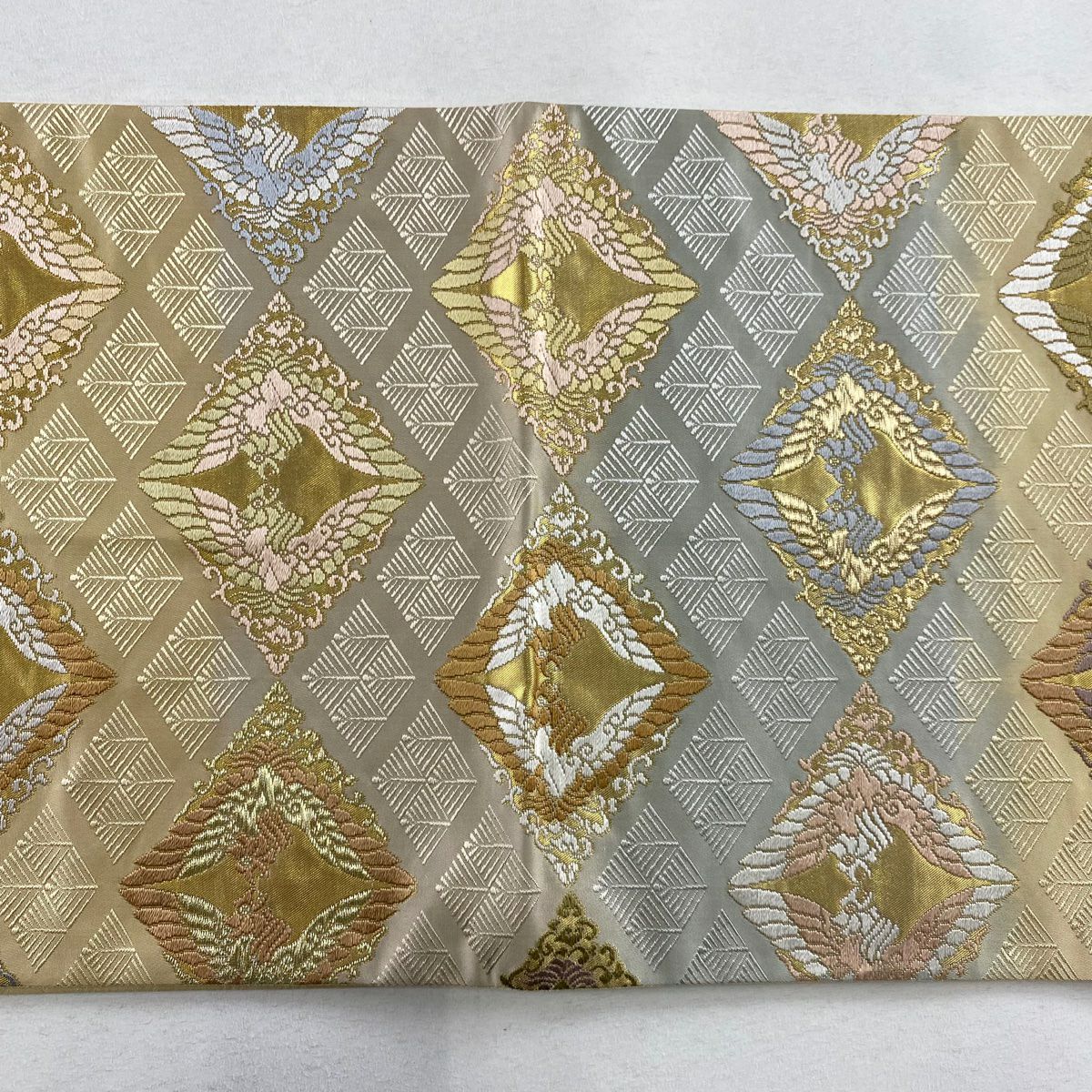 【庫存清倉】 袋帶 名品級 松樹菱鳳凰華紋 金絲 金金箔 米色 六通 純蠶絲