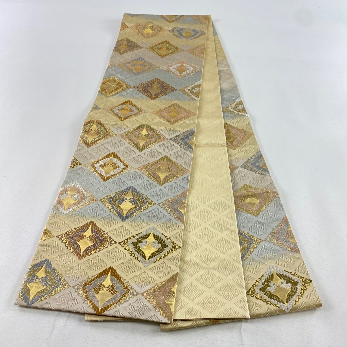 【庫存清倉】 袋帶 名品級 松樹菱鳳凰華紋 金絲 金金箔 米色 六通 純蠶絲