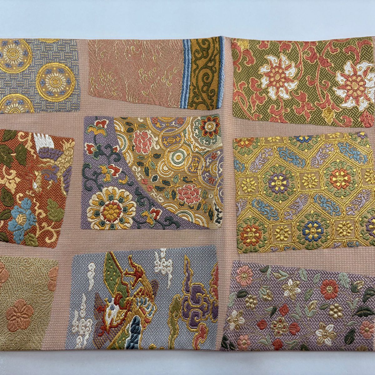 【庫存清倉】 袋帶 美品 名品級 色紙 名物裂 金絲 唐織 淺橙 六通 純蠶絲