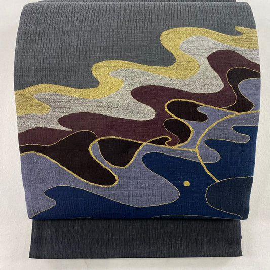【庫存清倉】 袋帶 美品 名品級 夏帶 波 幾何圖案 金銀彩 灰 深藍色 正蠶絲