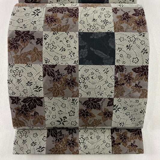 【庫存清倉】 袋帶 美品 名品級 市松樹 草花紋 灰綠 六通 純蠶絲