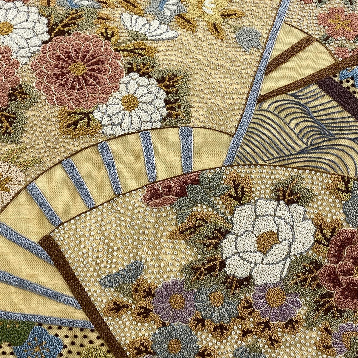 【庫存清倉】 袋帶 逸品級 扇子 草花紋 相良刺繡 金線 淺茶 細鼓圖案 純蠶絲
