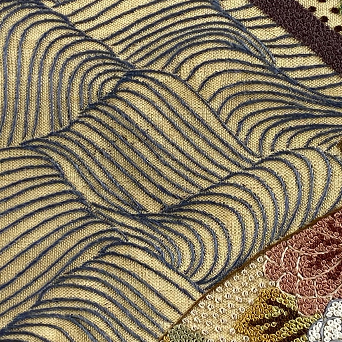 【庫存清倉】 袋帶 逸品級 扇子 草花紋 相良刺繡 金線 淺茶 細鼓圖案 純蠶絲