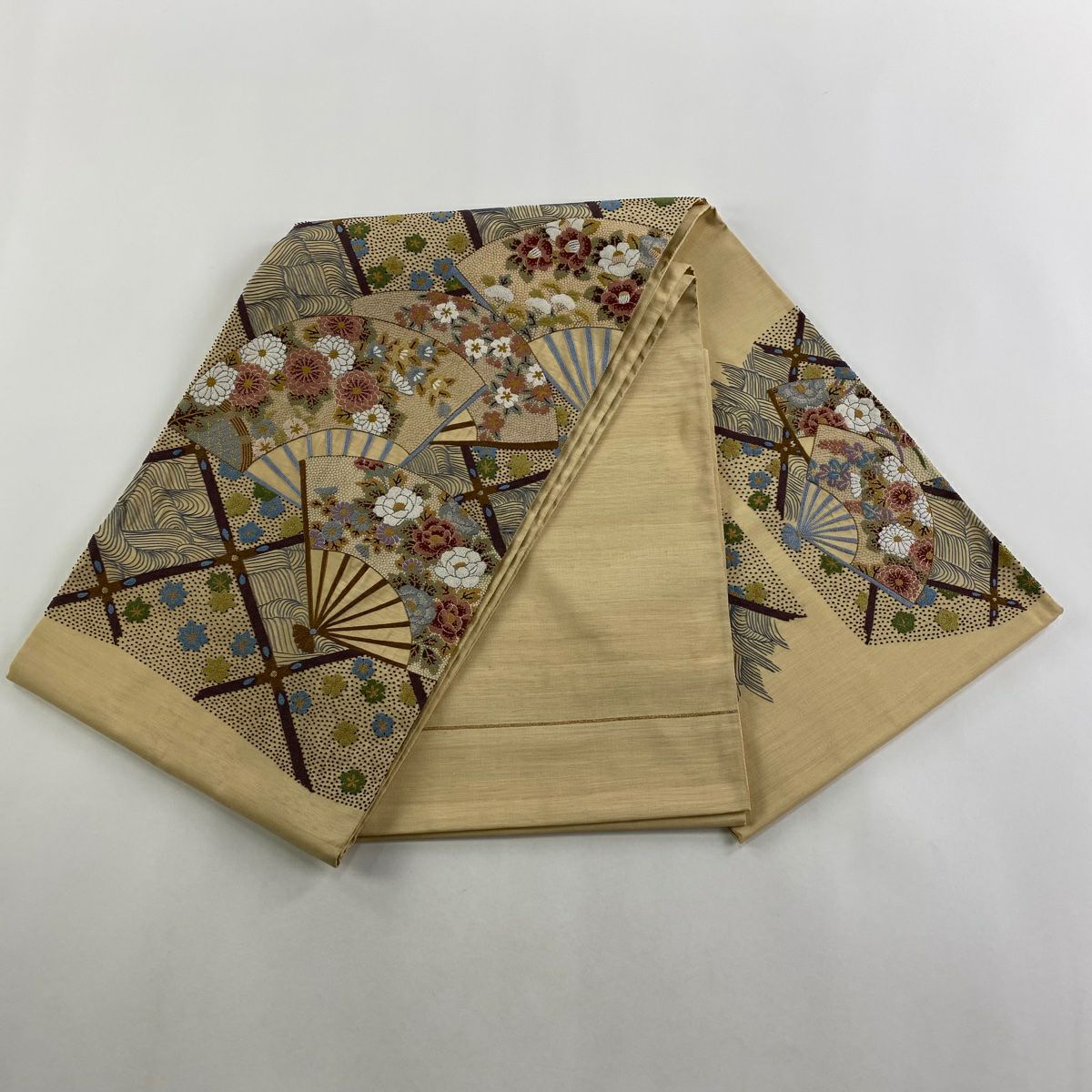 【庫存清倉】 袋帶 逸品級 扇子 草花紋 相良刺繡 金線 淺茶 細鼓圖案 純蠶絲
